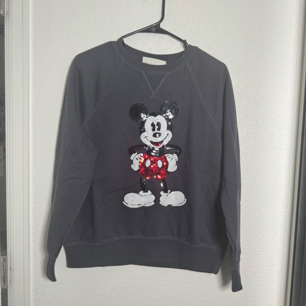 H&M Disney Sweatshirt Womens Small Black Sequin Mickey Mouse Raglan Pullover